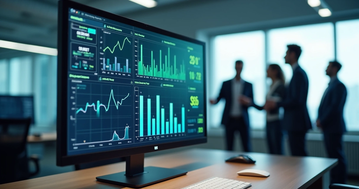 Tela de computador com gráficos e indicadores de automação financeira. 