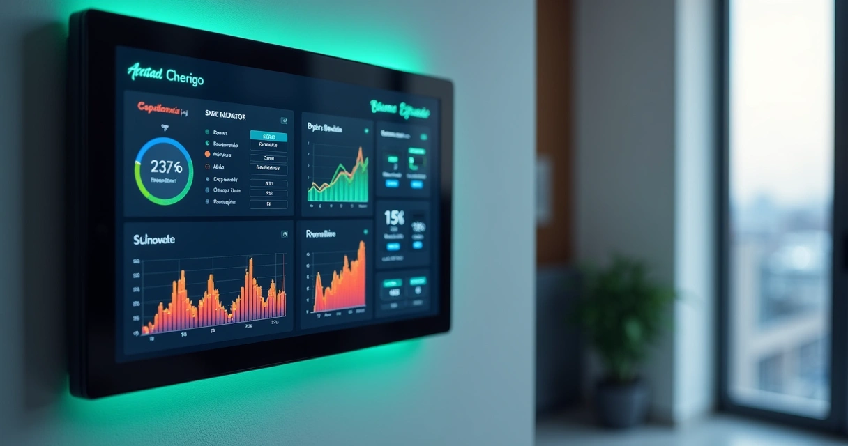 Painel digital de automação condominial exibindo gráficos 