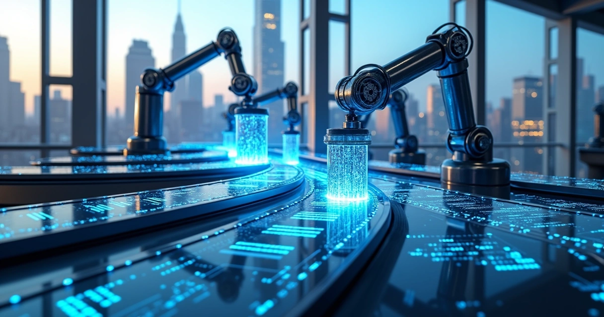 Ilustração de automação de consulta de dados com robôs e fluxos digitais. 