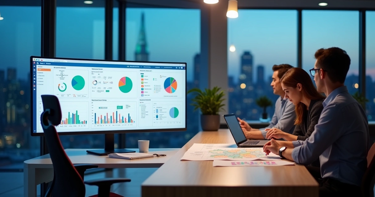 Metade do painel com dashboard automatizado e outra metade com reunião de consultores de marketing político 