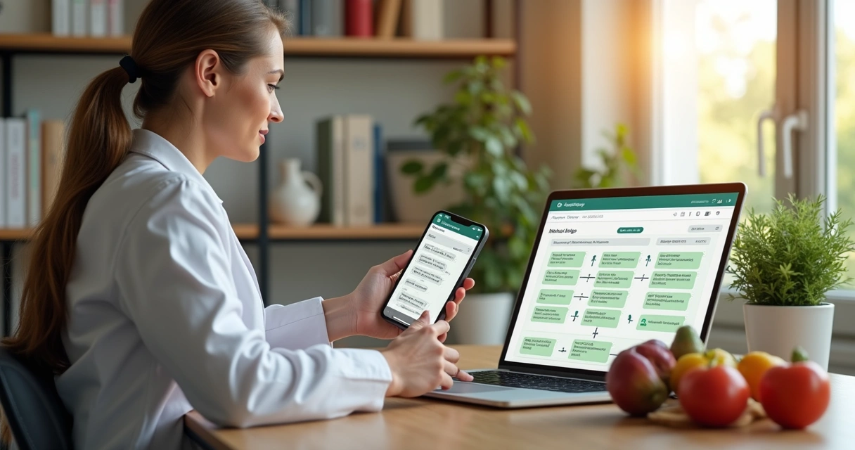 Nutricionista usando computador e smartphone com interface de automação no consultório 