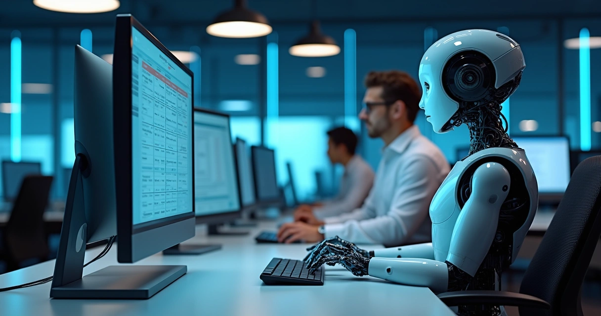 Robô digital trabalhando em tarefas de contabilidade num escritório moderno 