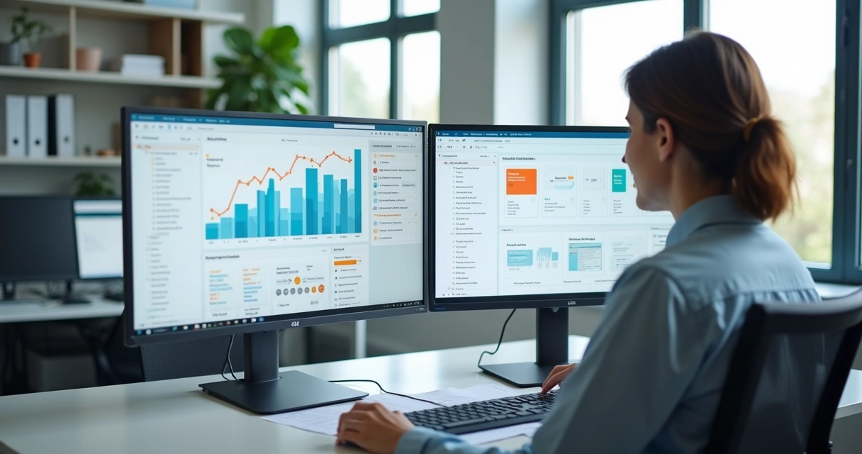 Tela de computador com software de automação contábil mostrando gráficos e dados financeiros 