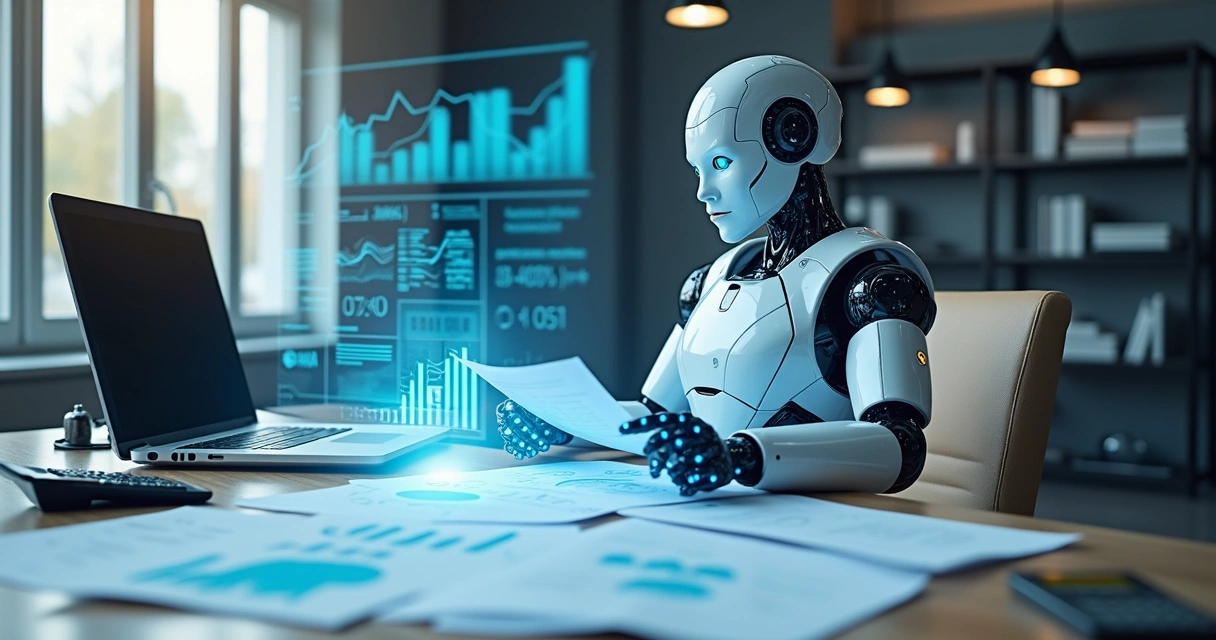 Robô digital revisando documentos contábeis com gráficos ao fundo. 