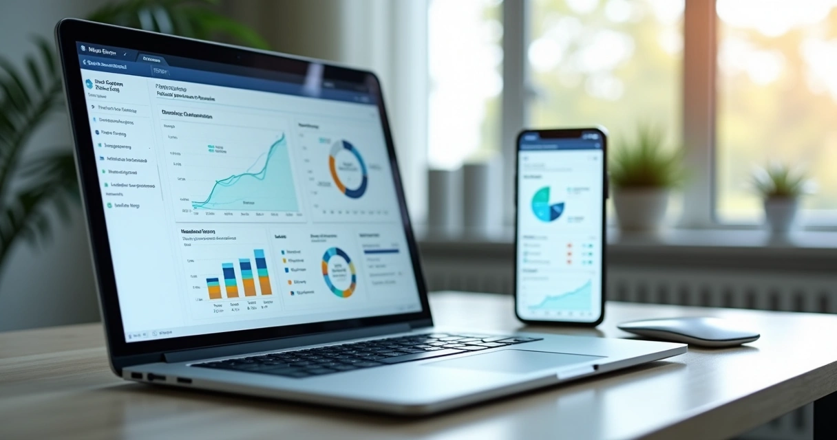 Sistema de automação contábil exibido em notebook 