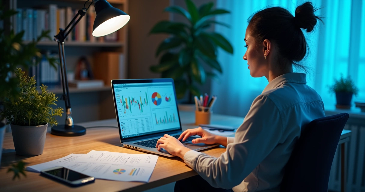 Pessoa analisando relatórios financeiros digitais na tela de um laptop 