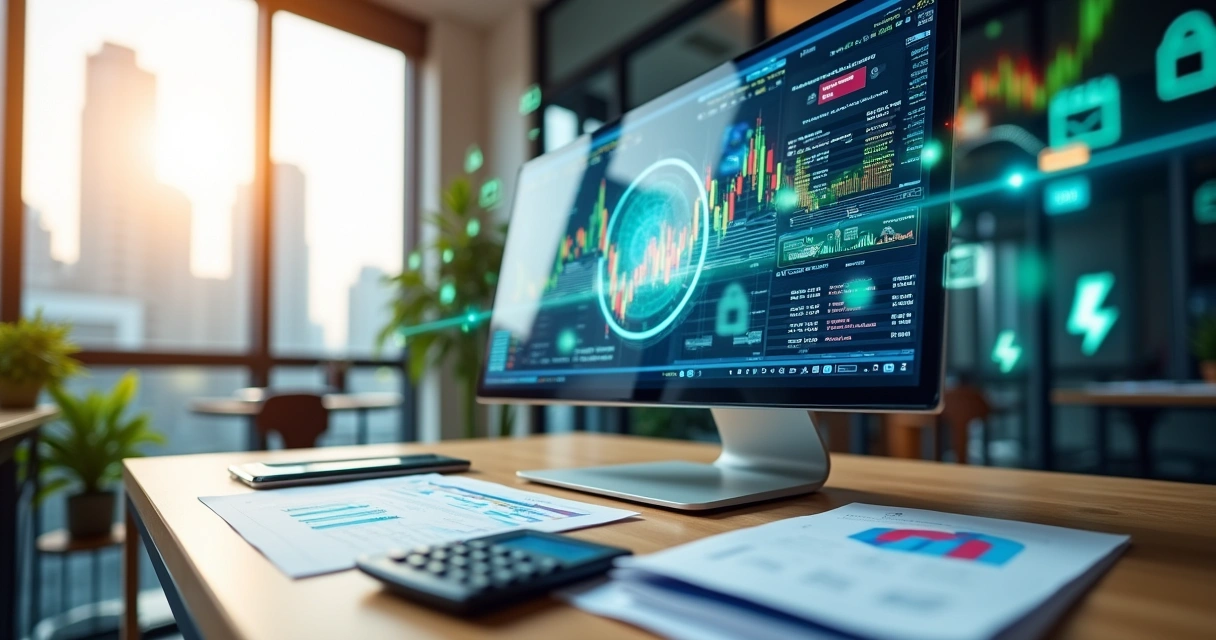 Cena de um escritório moderno mostrando automação contábil com computador e gráficos financeiros.