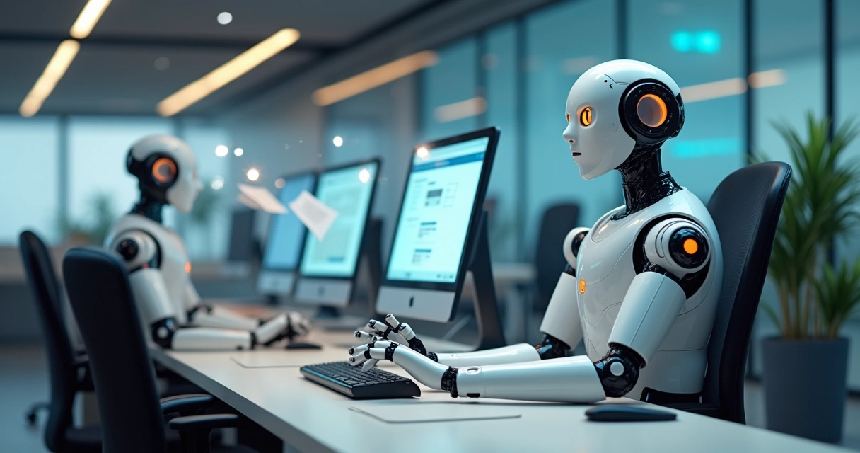 Robôs digitais trabalhando em computadores em um escritório contábil moderno, mostrando automação de processos 