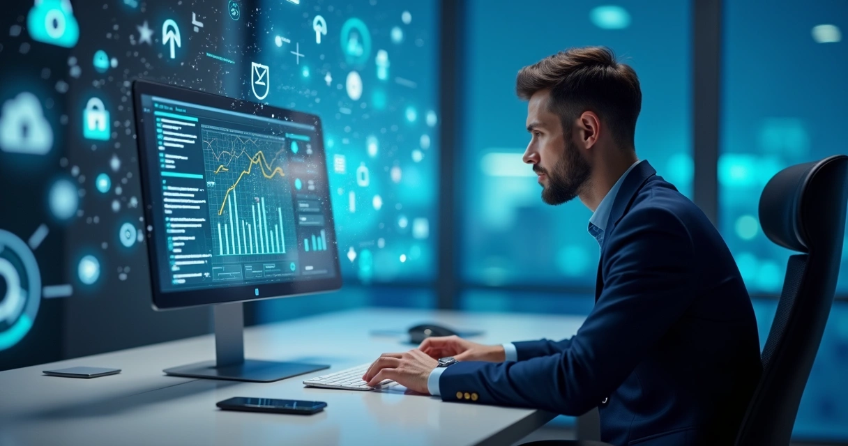 Contador usando computador com gráficos financeiros digitais 