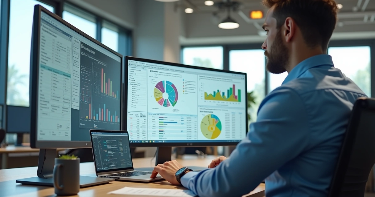 Robô digital trabalhando em processo contábil automatizado em escritório moderno 