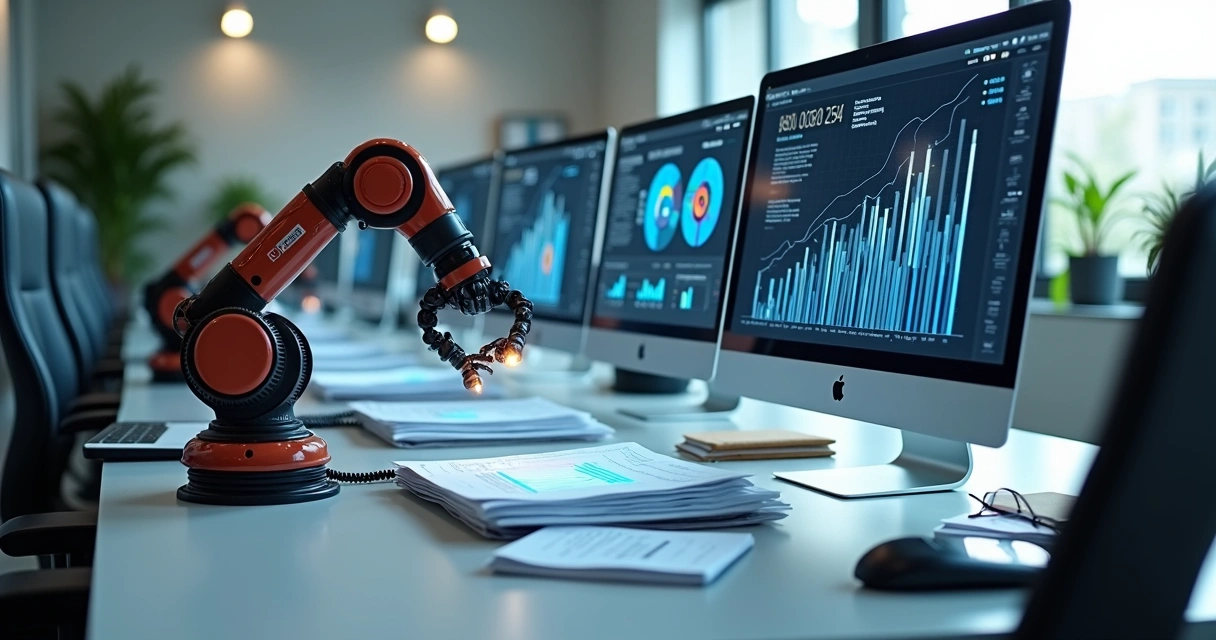 Computadores e papéis sendo processados automaticamente, com gráficos subindo na tela 