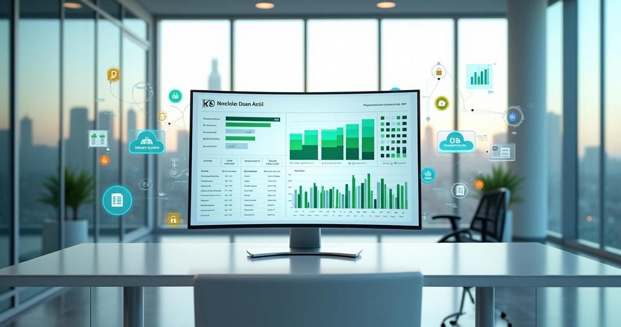 Tela com gráficos financeiros integrados a ícones de sistemas contábeis e bancários 