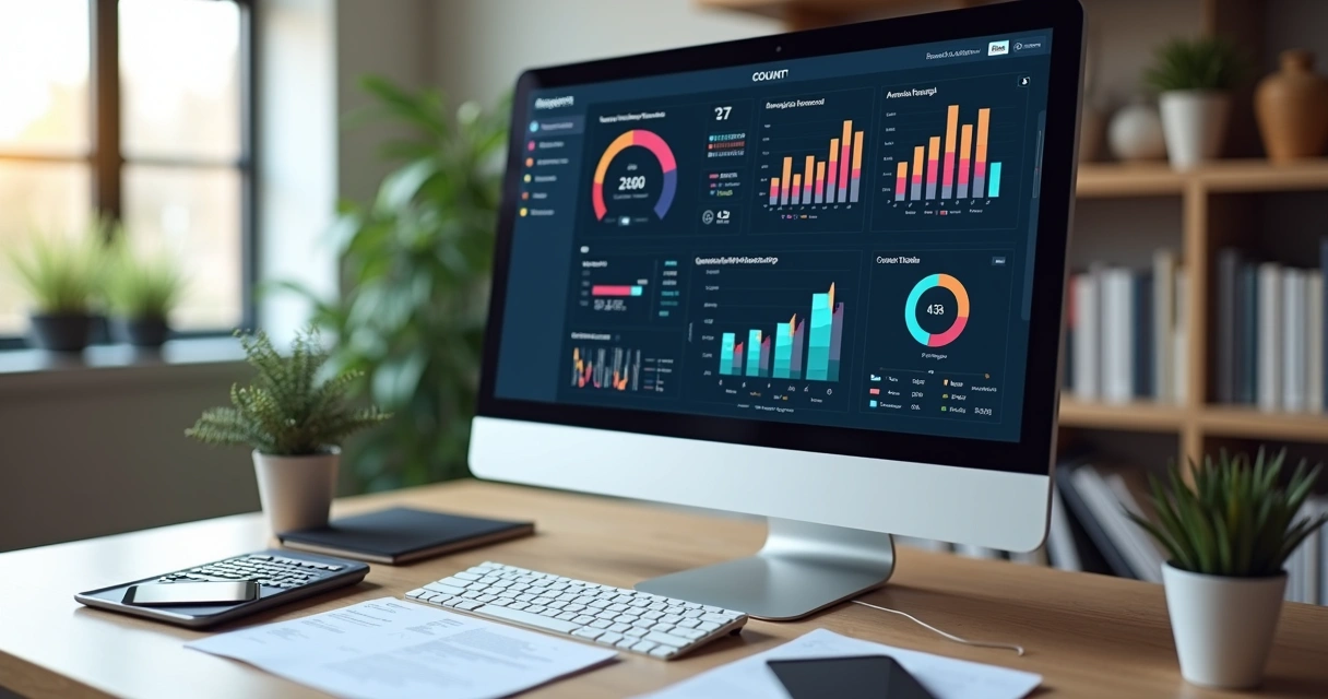 Computador mostrando dashboard de automação contábil com gráficos e dados financeiros claros e organizados 