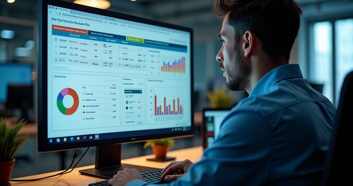 Profissional analisando painel financeiro integrado, com gráficos e tabela de conciliação contábil automatizada 