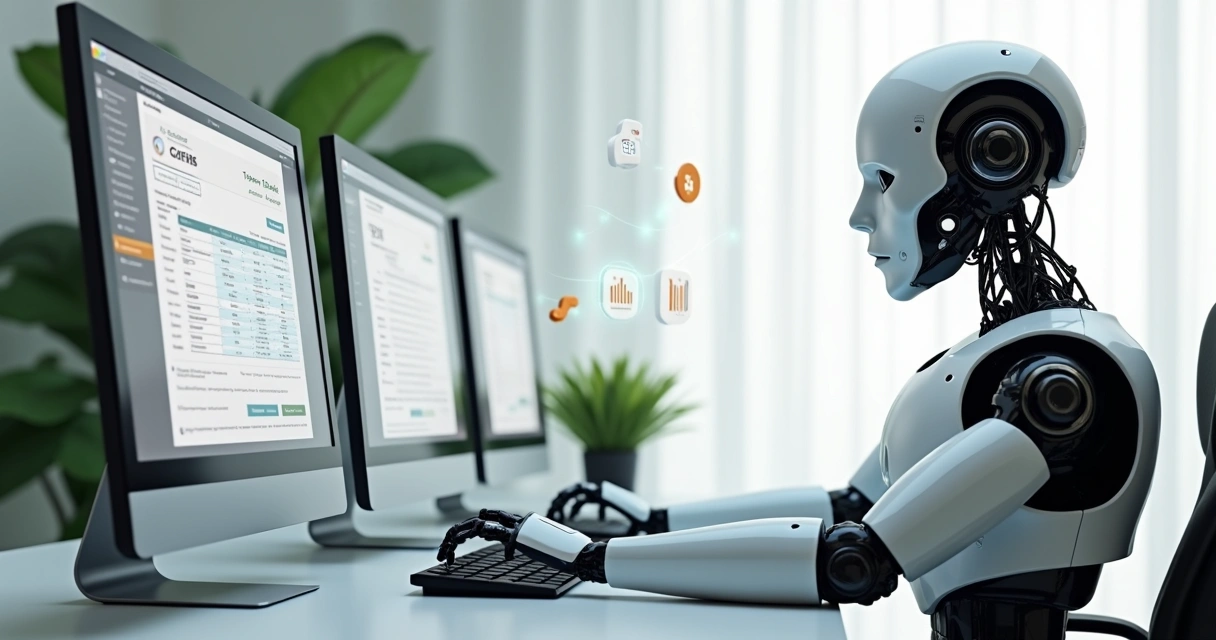 Robô digital trabalhando com documentos fiscais 