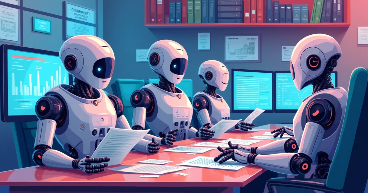 Ilustração colorida de robôs realizando tarefas contábeis ao redor de computadores em um escritório moderno 