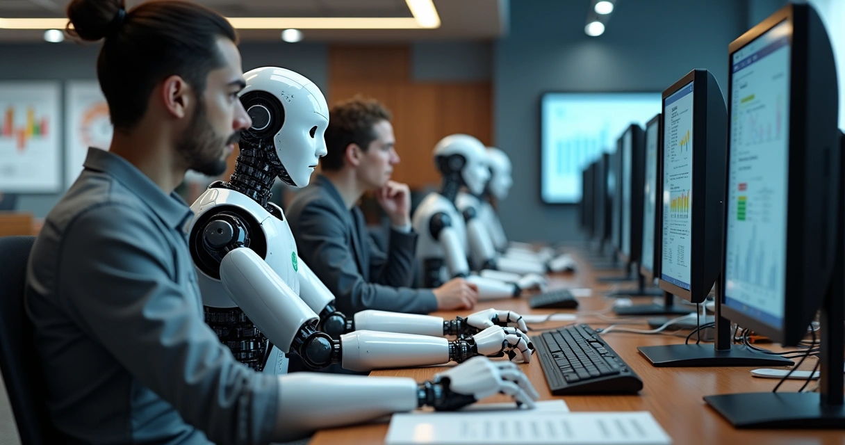 Robôs digitais em um escritório contábil moderno, simulando automação de tarefas 
