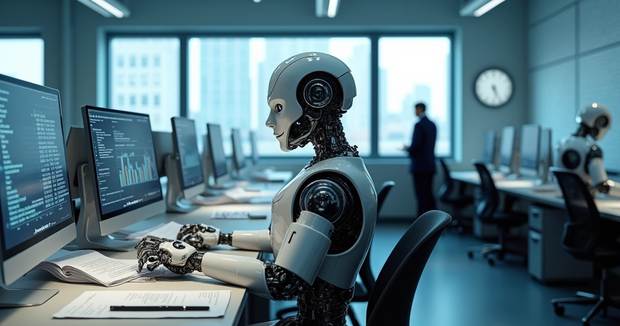 Robôs digitais processando papéis em ambiente de escritório contábil moderno. 