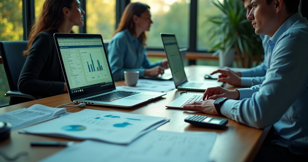 Equipe contábil com computadores em mesa, automatizando tarefas e analisando gráficos financeiros. 