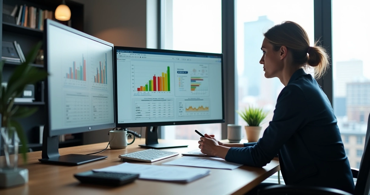 Profissional contábil usando dois monitores em ambiente moderno com gráficos e papéis 