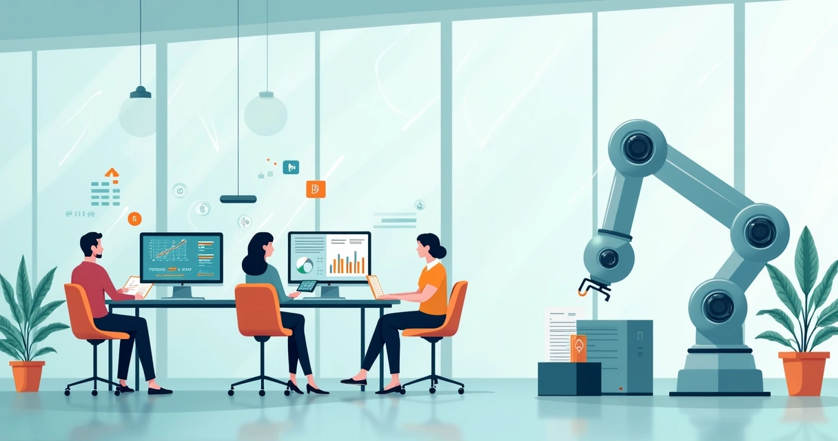 Escritório contábil moderno com contadores interagindo com tecnologia de automação, incluindo gráficos e um robô processando dados.