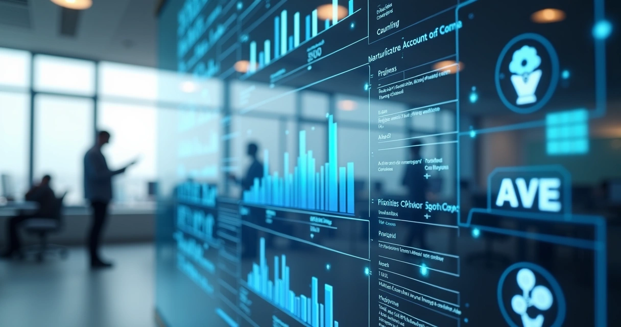 Painel digital com processos de automação contábil com gráficos e robôs representando automações