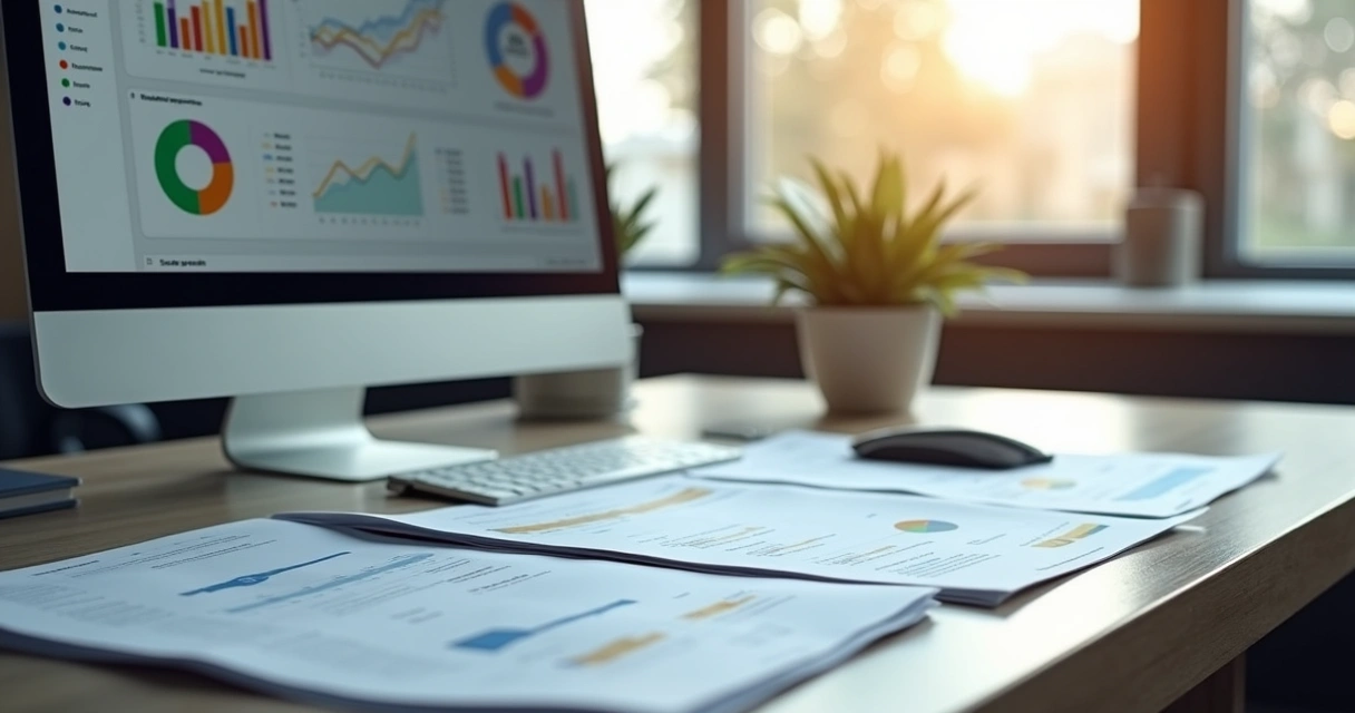 Computador com dashboard de finanças ao lado de pilha de documentos 