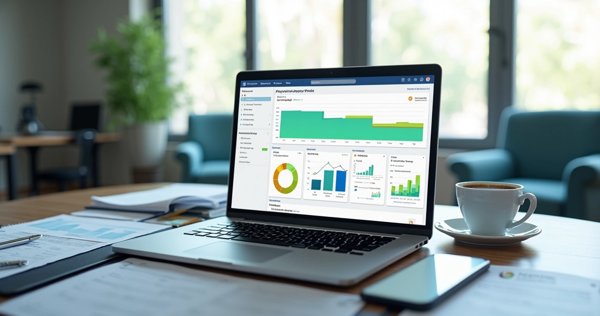Dashboard financeiro digital com gráficos de contas a pagar e automação de pagamentos recorrentes no computador 