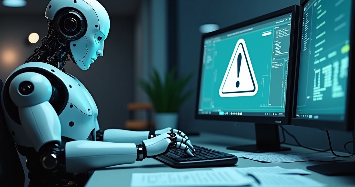 Robo digitando em teclado com alerta de ética na tela 