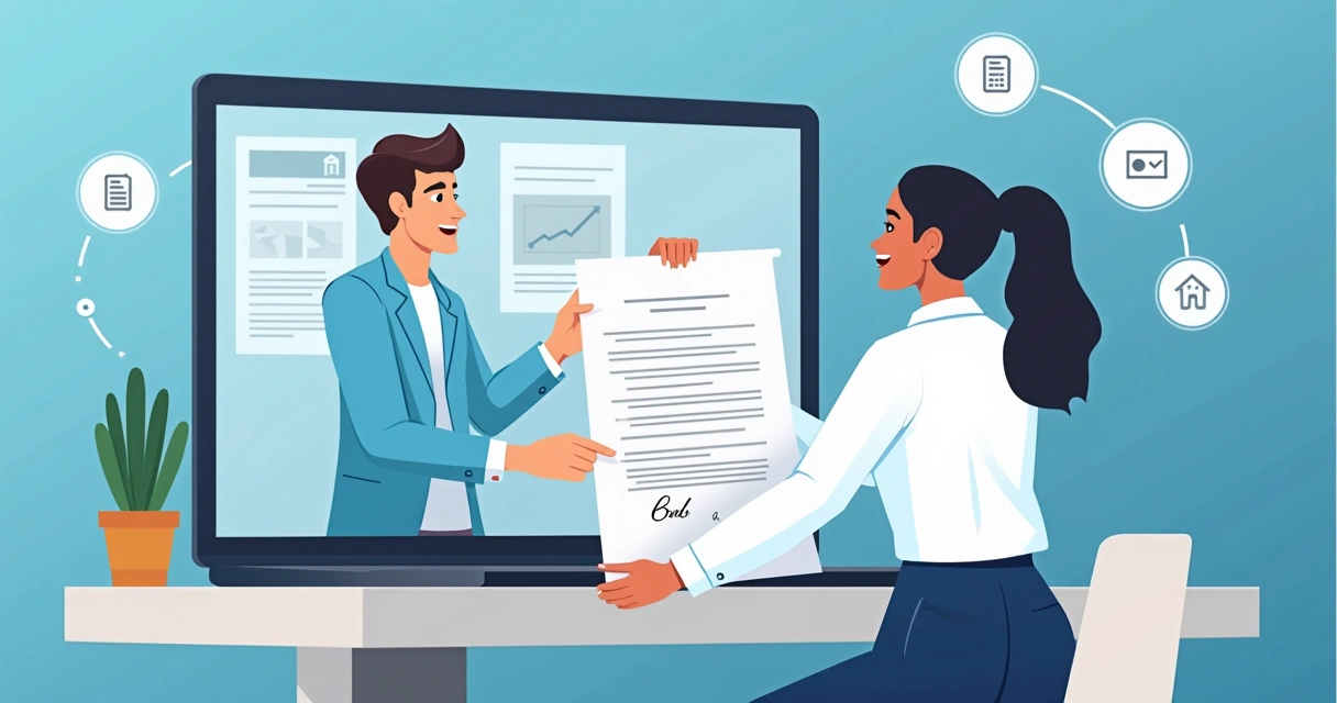 Ilustração de automação digital de contratos de aluguel entre locador e inquilino 