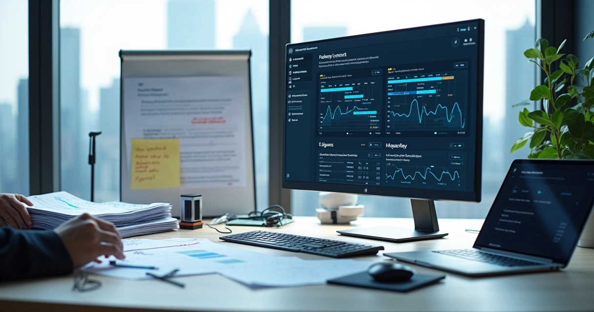Comparação visual entre contrato em papel e tela com contrato automatizado em escritório corporativo 