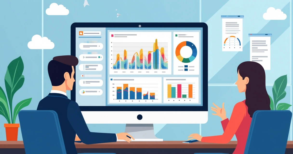 Automação de rotina financeira em ambiente corporativo, dashboard no monitor, equipe acompanhando. 