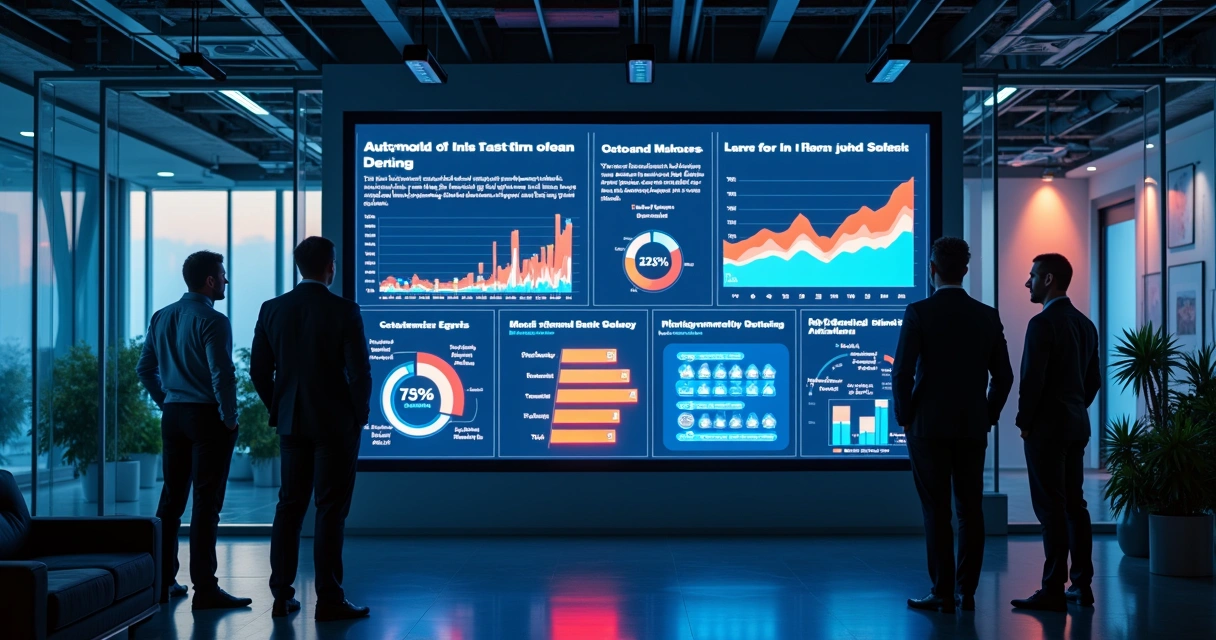 Painel digital com gráficos de demandas políticas, equipe analisando automação 