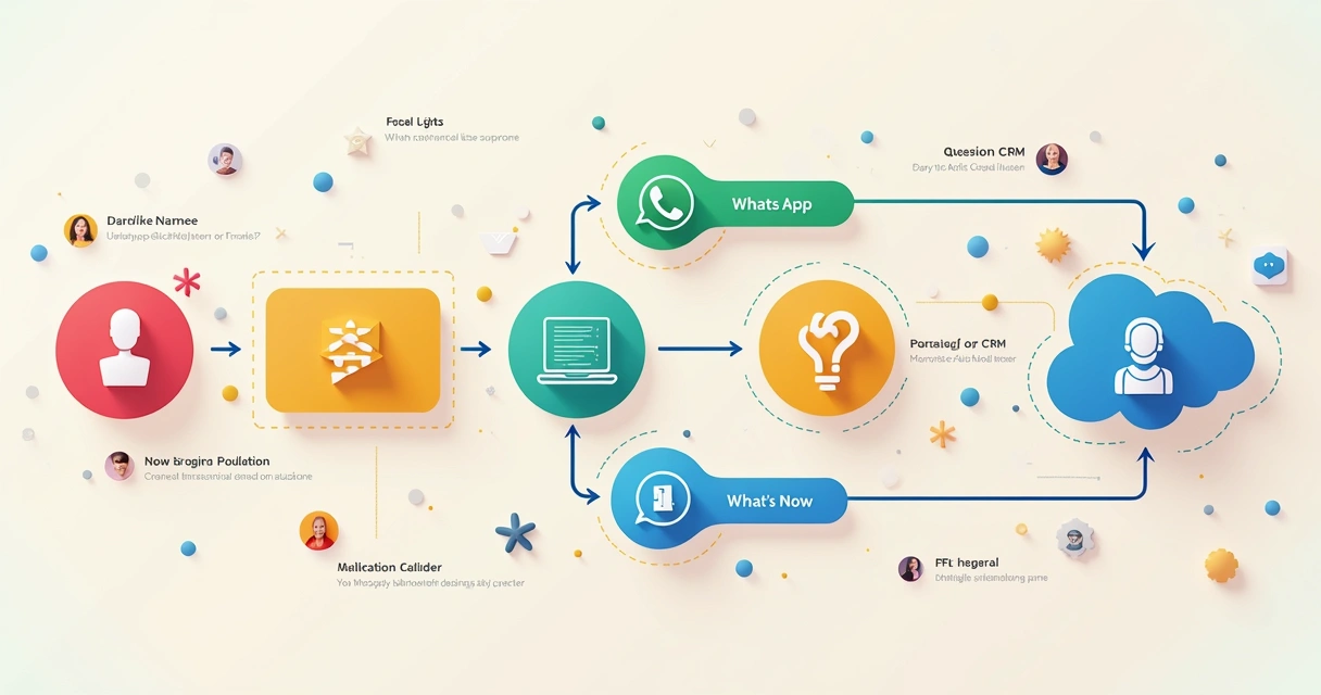 Fluxograma colorido de automação de atendimento integrando WhatsApp e outros sistemas 