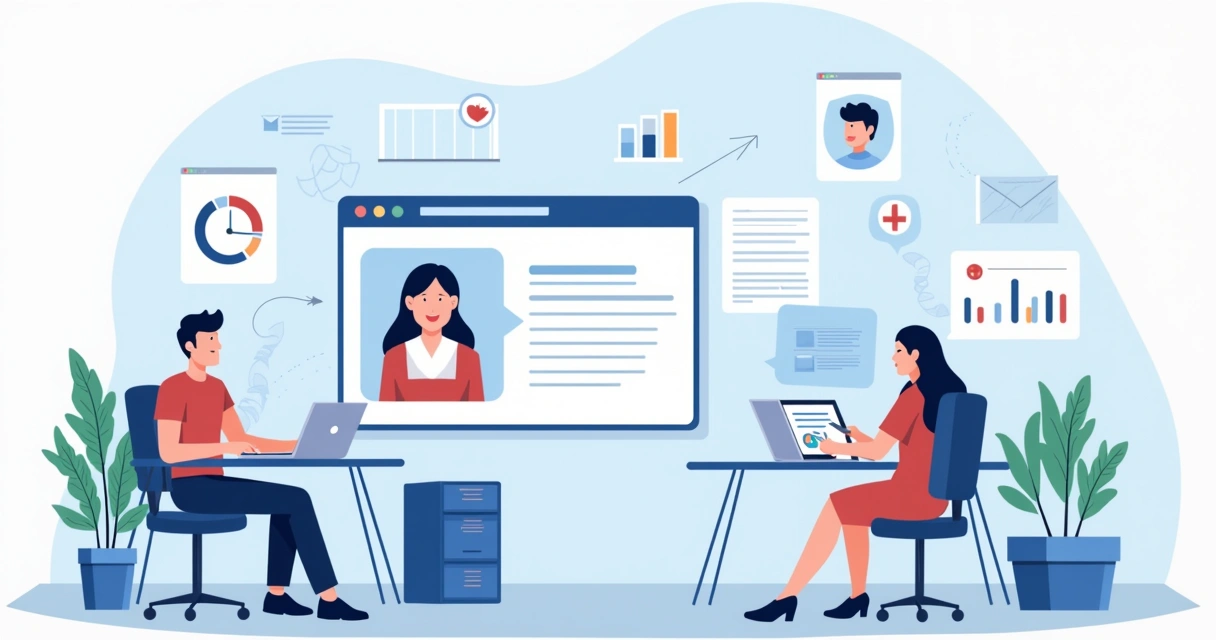 Ilustração corporativa plana mostrando a automação de convites NPS com dispositivos digitais enviando mensagens a clientes, gráficos de análises e ícones de relógio representando envio em tempo real 