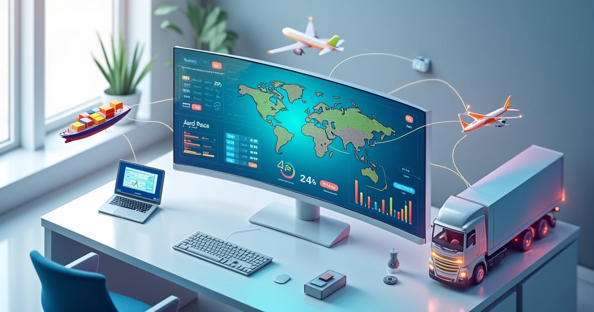 Painel digital 3D mostrando automação na cotação de frete em ambiente logístico moderno 