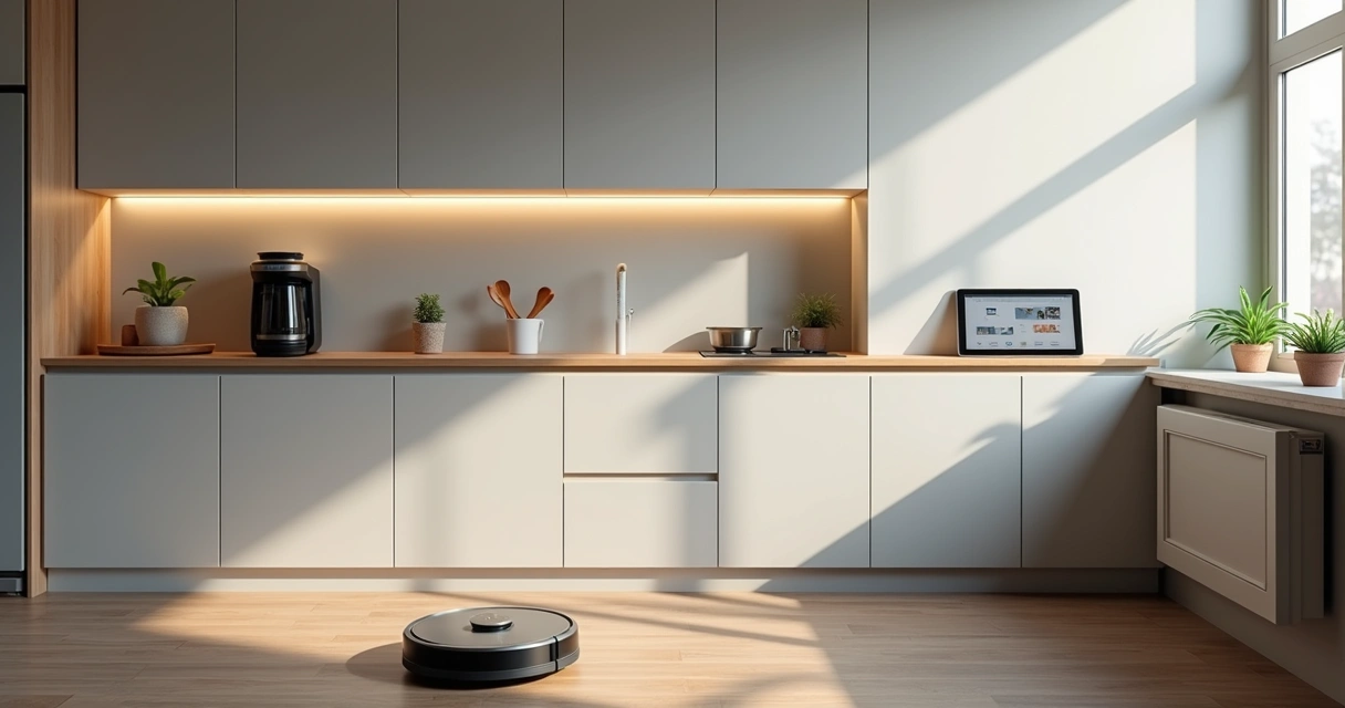 Cozinha pequena com dispositivos automáticos para tarefas diárias