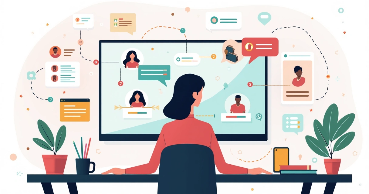 Mulher analisando jornada digital personalizada em painel com fluxos automatizados 