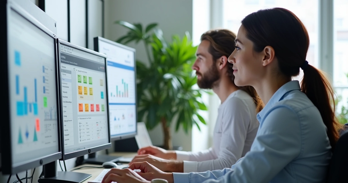 Equipe usando automação e CRM em computadores, monitorando pipeline e dados de prospecção