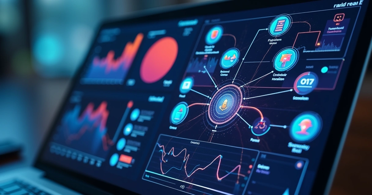 Painel digital de automação com fluxos de tarefas conectando etapas do funil de vendas