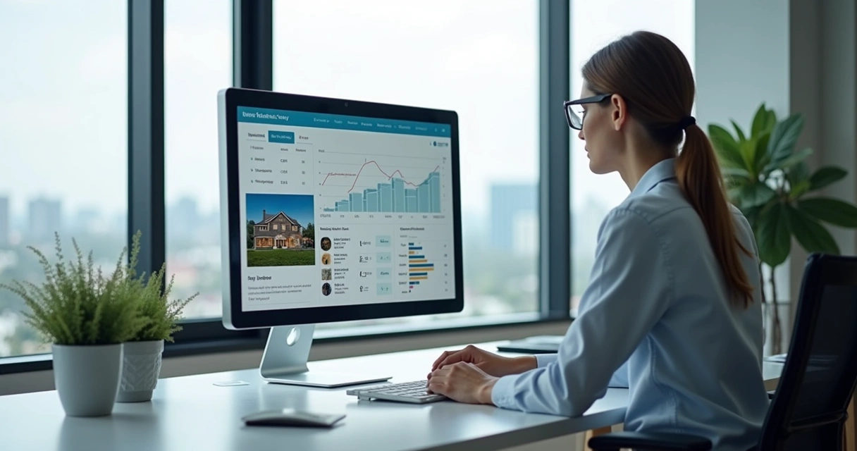 Corretor usando tela de CRM imobiliário com gráficos 