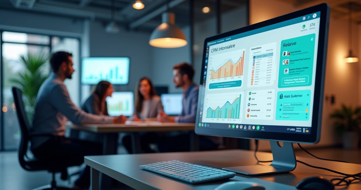 Computador com tela mostrando interface de CRM imobiliário integrada ao WhatsApp, equipe trabalhando ao fundo com gráficos e chatbots 