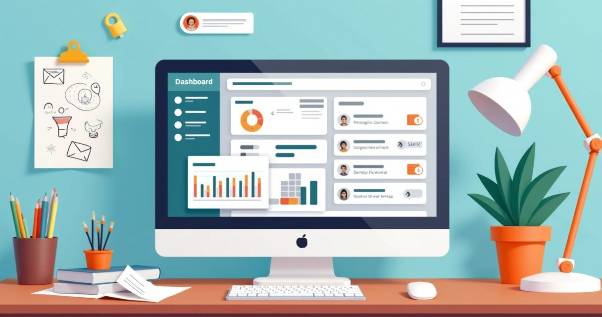 Ilustração de automação e CRM em pequeno negócio