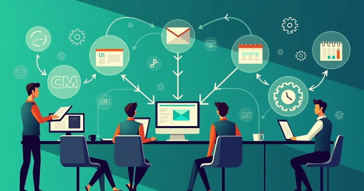 Fluxos de automação com CRM mostrando interação e lembretes para o time