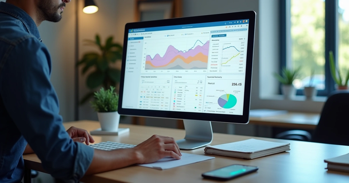 Tela de CRM com atividades comerciais e gráficos de desempenho 