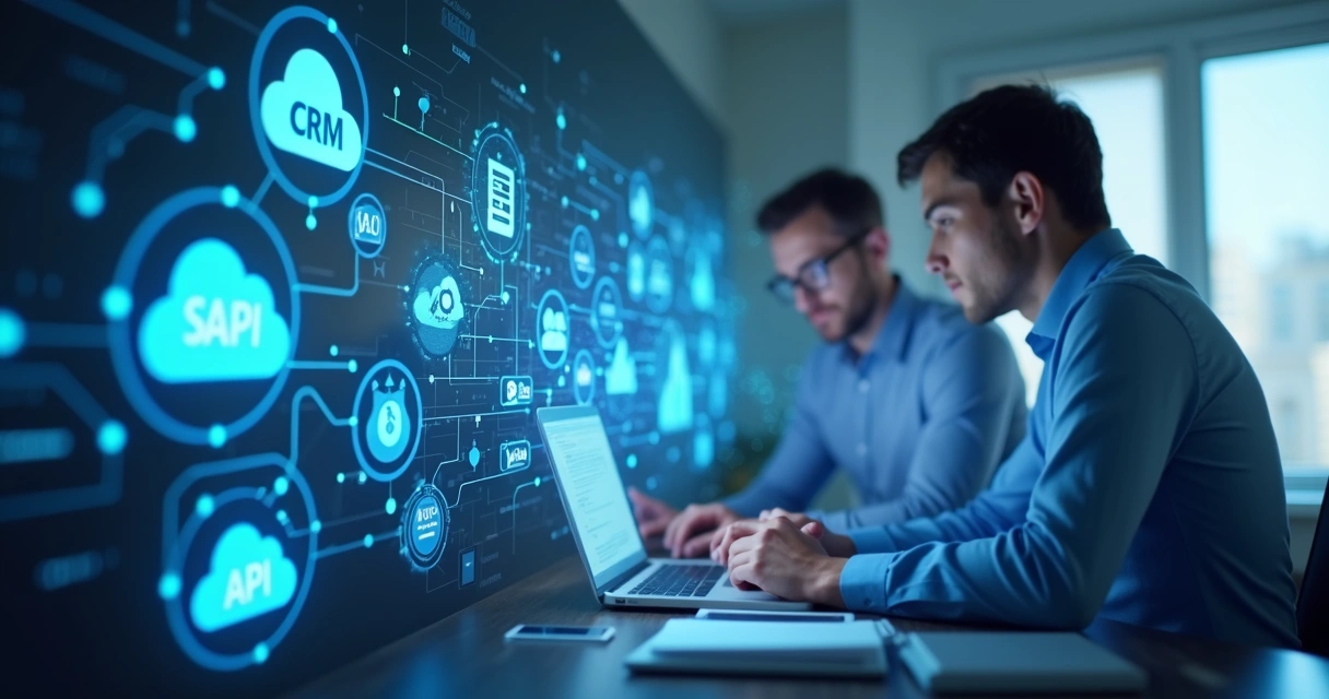 Como fazer busca de empresas e enriquecer seus dados B2B 4 Representação de integração entre CRM, plataforma SaaS e API para vendas B2B