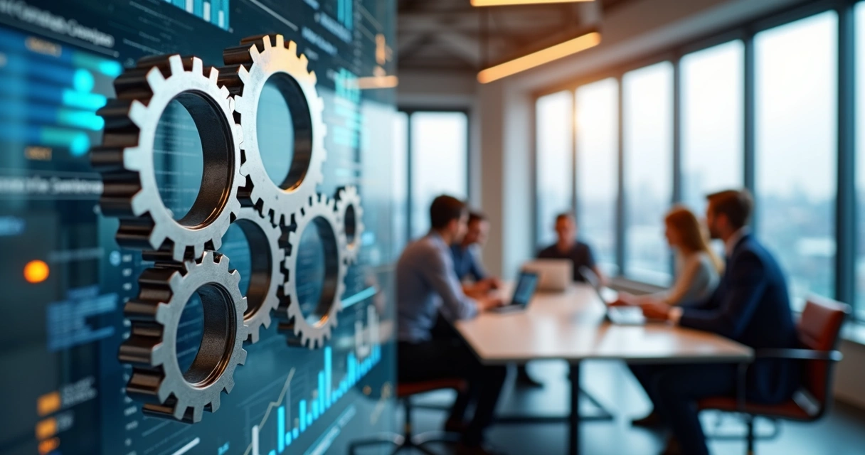 Conjunto de engrenagens metálicas representando automação, fluxos de dados digitais e equipe de profissionais colaborando 