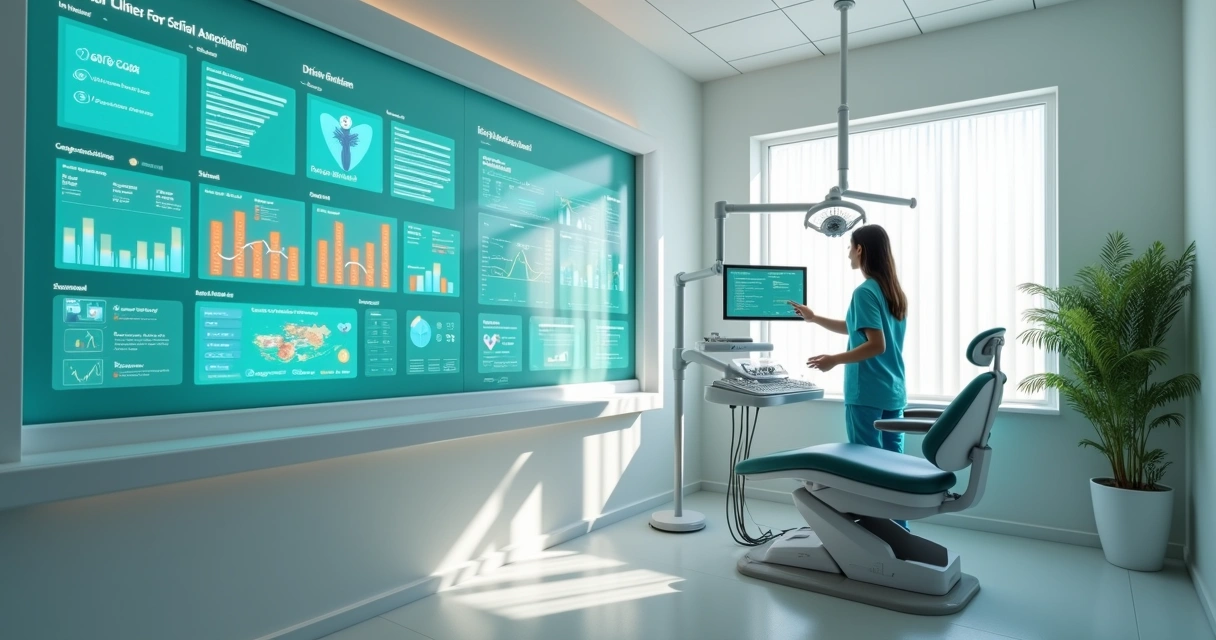 Dashboard digital com gráficos de dados e ícones de automação em clínica odontológica. 