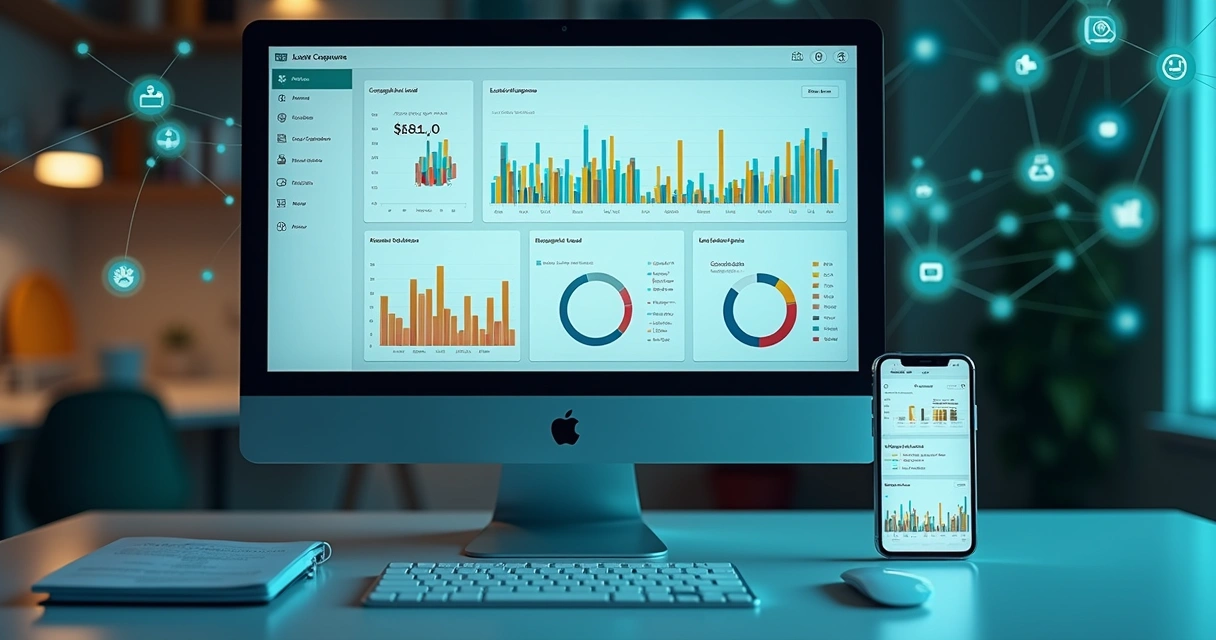 Dashboard de automação mostrando fluxo de captação de leads com gráficos 