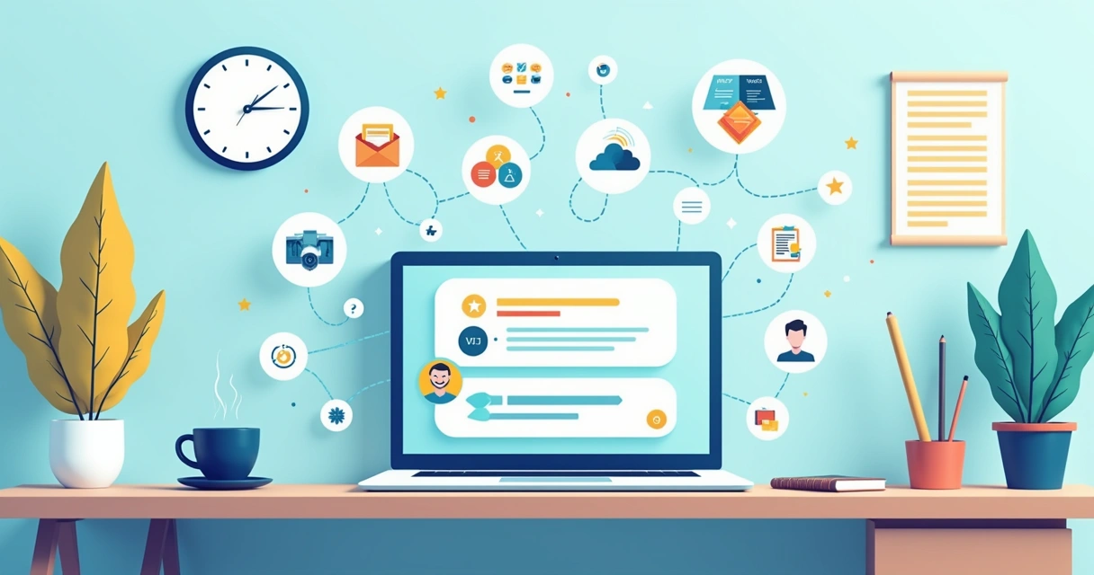 Ilustração de um escritório moderno com automação de IA, destacando um laptop e ícones de produtividade.